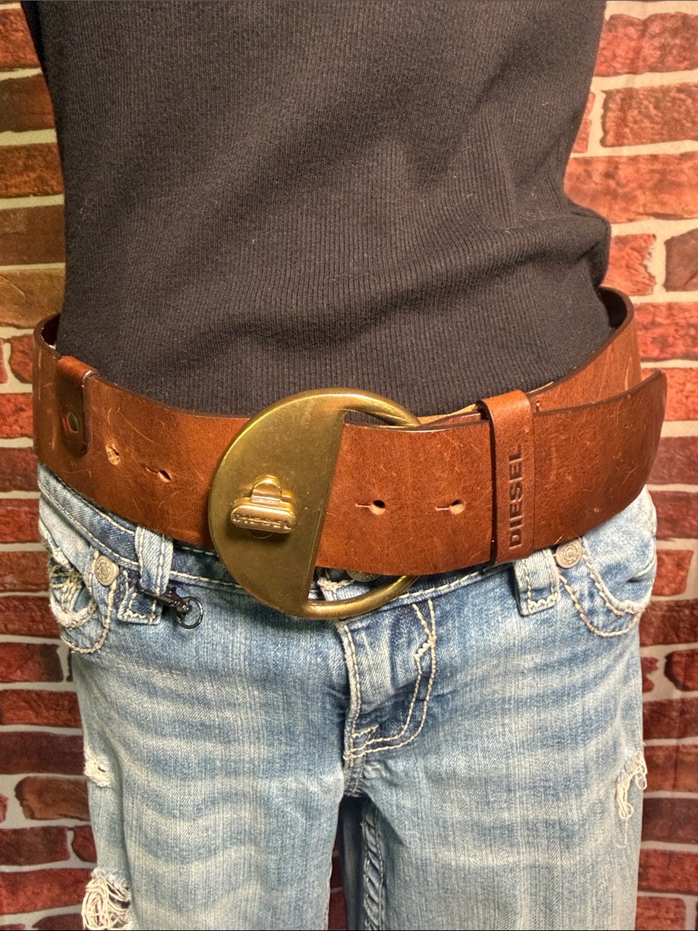 🥋Diesel Wide Leather Belt Brown Brass Buckle Made in Italy 36-38